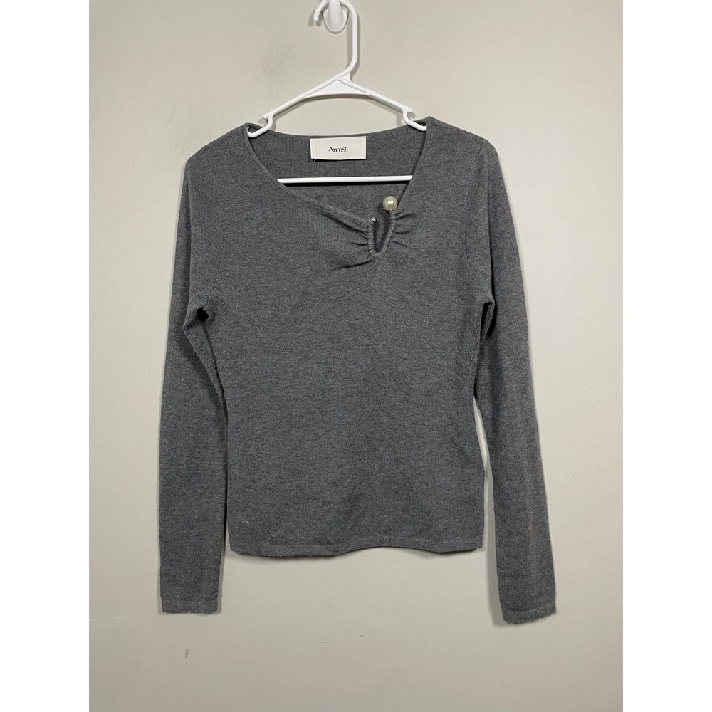 Ancosti Gray Asymmetric Neck Knit Top Quiet Luxury Minimalist Contemporary‎ Mod